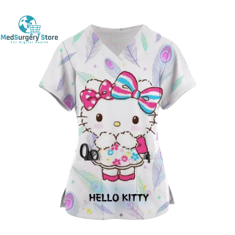 2024 Kawaii Krankenschwester Uniform Scrubs Womens Cartoon Hello Kitty Print Kurzarm Tasche Overall Uniformen medizinische Krankenpflege Bluse
