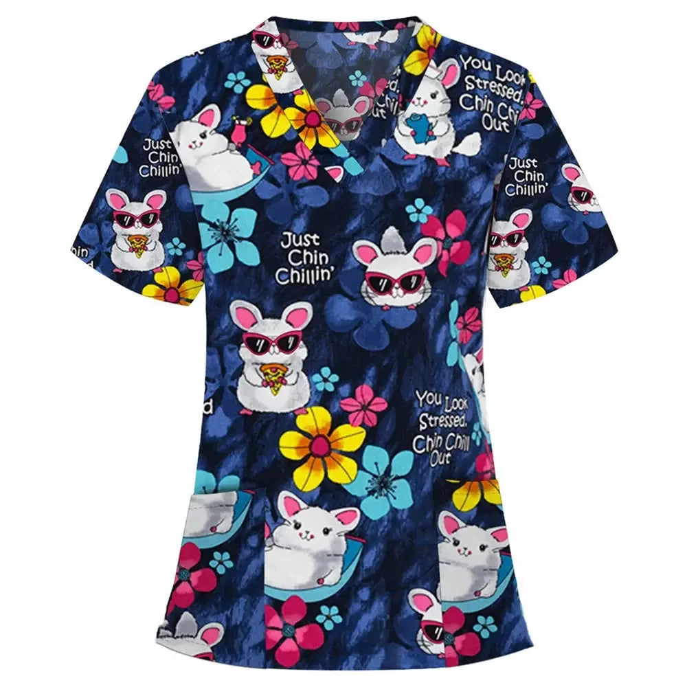Tier Vignette Druck tierärztliche chirurgische Uniform für Frauen, Mode V-Ausschnitt Tops, kurze Ärmel, Tierarzt CJdropshipping