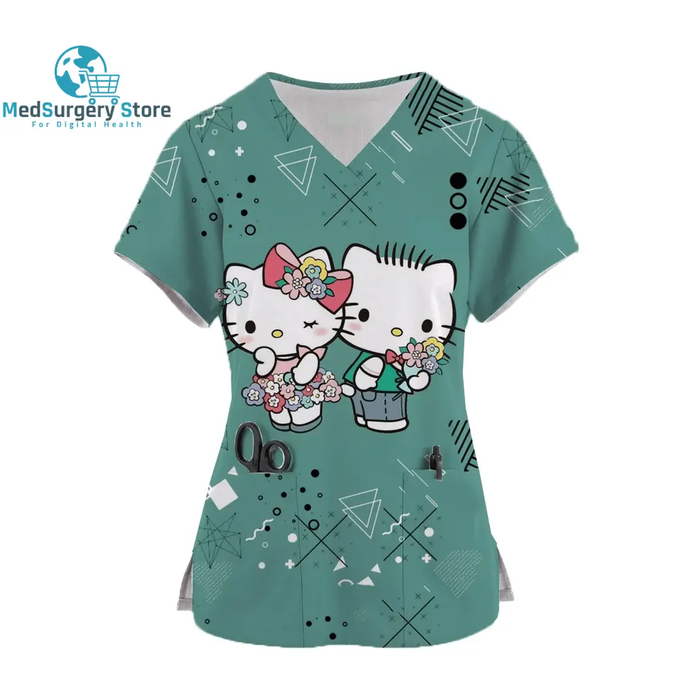 2024 Kawaii Krankenschwester Uniform Scrubs Womens Cartoon Hello Kitty Print Kurzarm Tasche Overall Uniformen medizinische Krankenpflege Bluse
