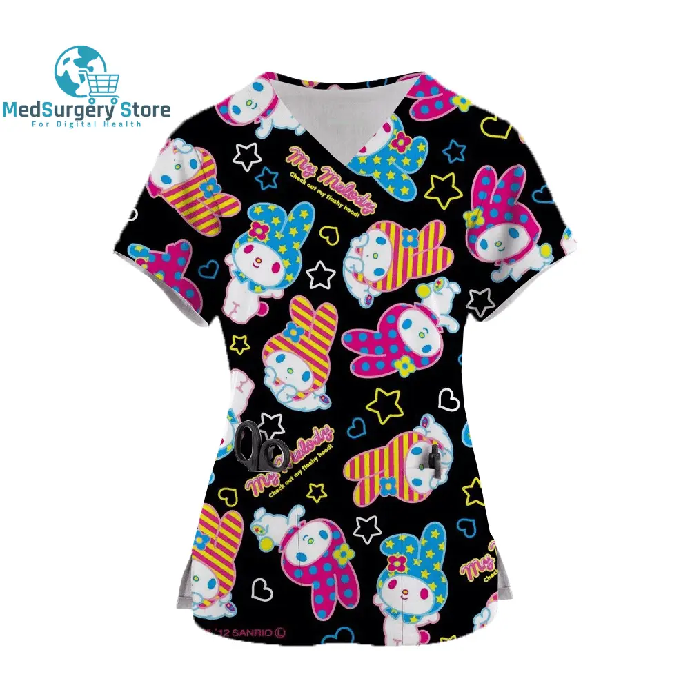 2024 Kawaii Krankenschwester Uniform Scrubs Womens Cartoon Hello Kitty Print Kurzarm Tasche Overall Uniformen medizinische Krankenpflege Bluse