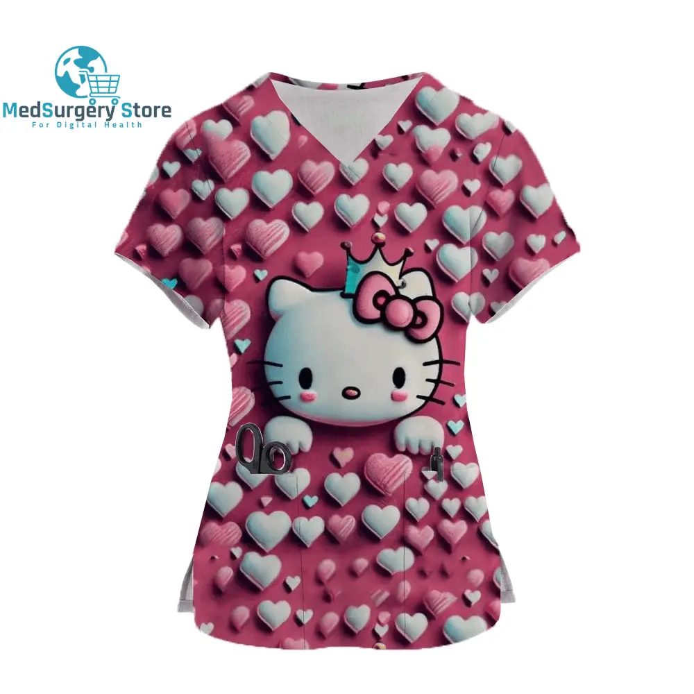 2024 Kawaii Krankenschwester Uniform Scrubs Womens Cartoon Hello Kitty Print Kurzarm Tasche Overall Uniformen medizinische Krankenpflege Bluse
