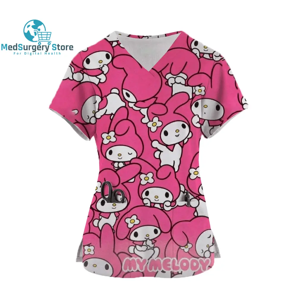 2024 Kawaii Krankenschwester Uniform Scrubs Womens Cartoon Hello Kitty Print Kurzarm Tasche Overall Uniformen medizinische Krankenpflege Bluse