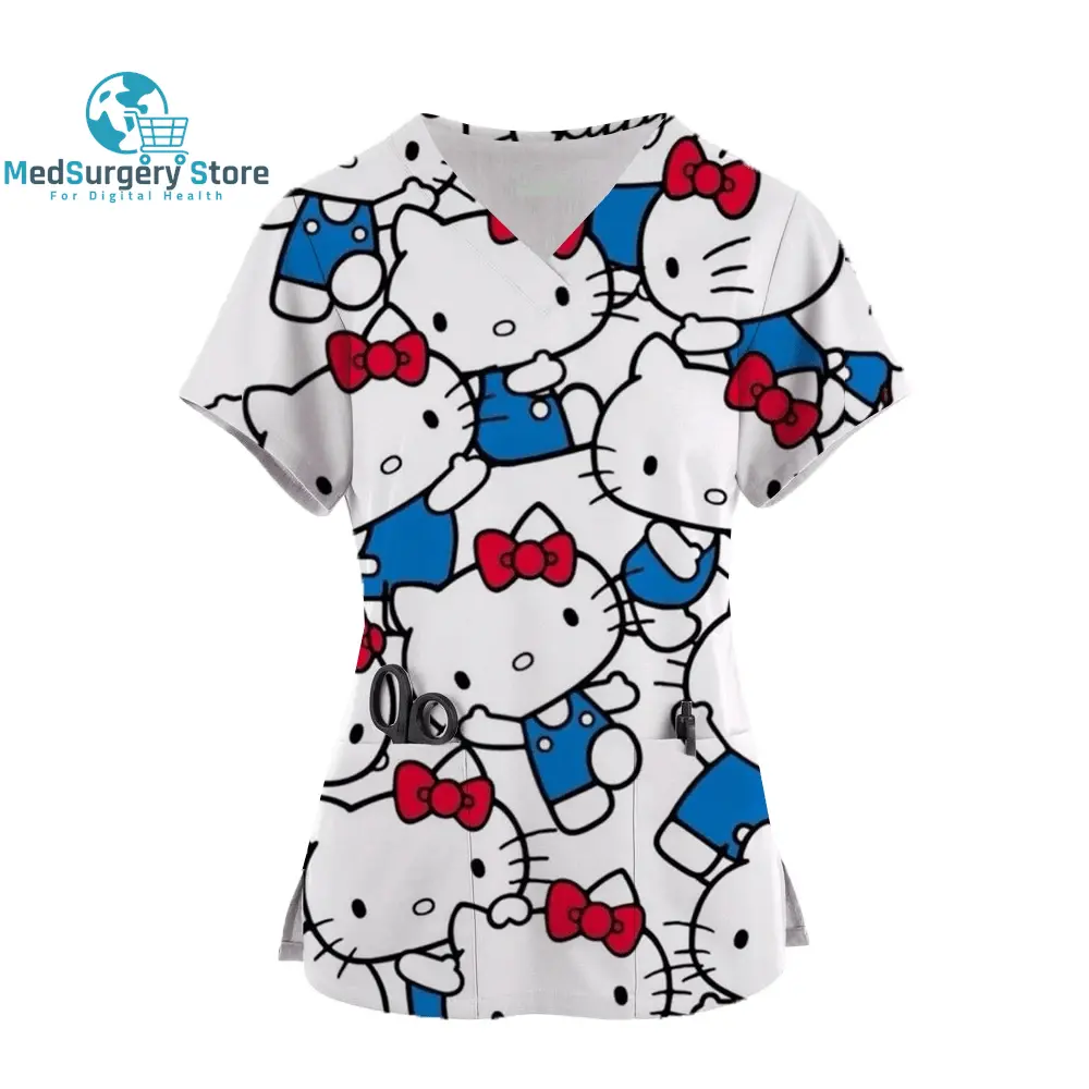 2024 Kawaii Krankenschwester Uniform Scrubs Womens Cartoon Hello Kitty Print Kurzarm Tasche Overall Uniformen medizinische Krankenpflege Bluse