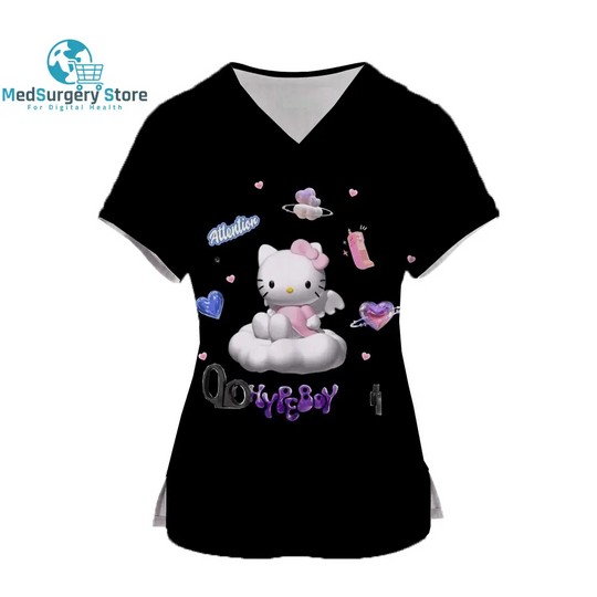 2024 Kawaii Krankenschwester Uniform Scrubs Womens Cartoon Hello Kitty Print Kurzarm Tasche Overall Uniformen medizinische Krankenpflege Bluse