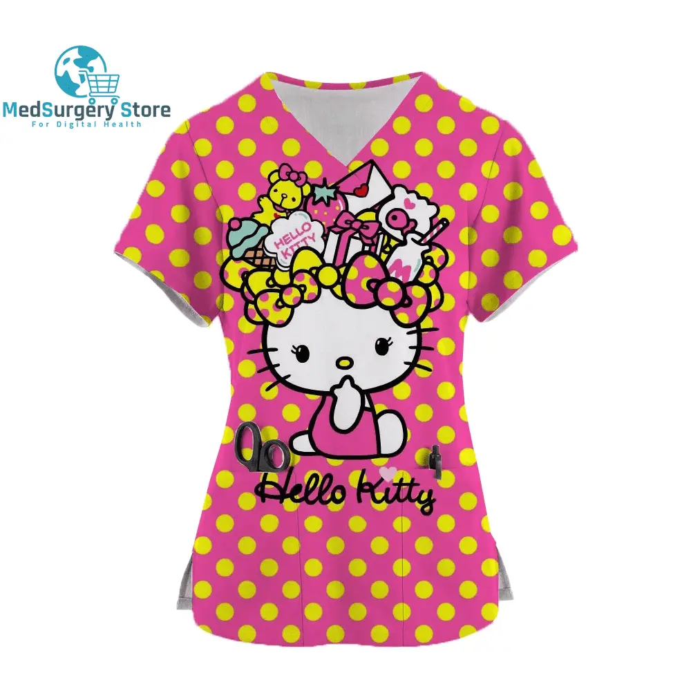 2024 Kawaii Krankenschwester Uniform Scrubs Womens Cartoon Hello Kitty Print Kurzarm Tasche Overall Uniformen medizinische Krankenpflege Bluse