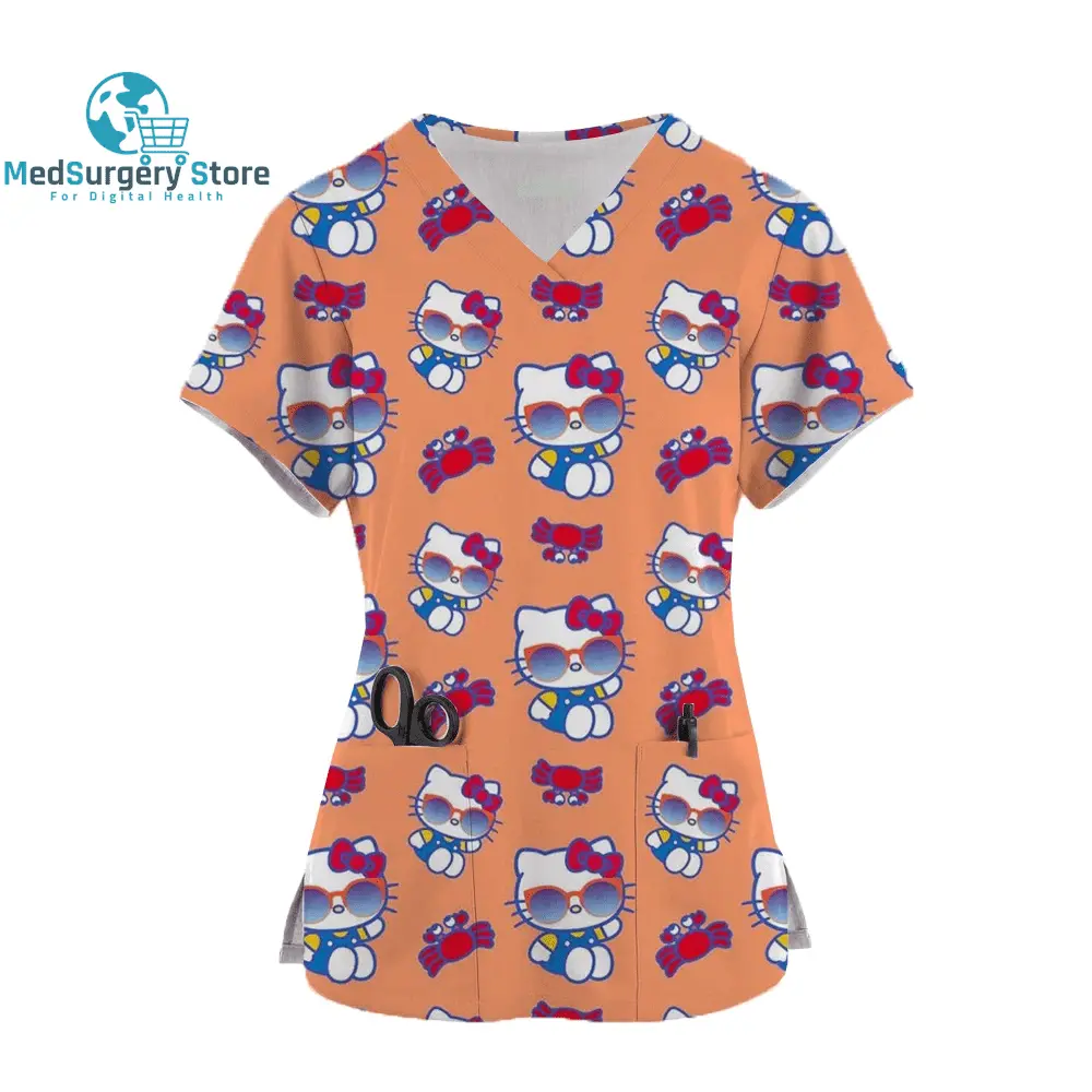 2024 Kawaii Krankenschwester Uniform Scrubs Womens Cartoon Hello Kitty Print Kurzarm Tasche Overall Uniformen medizinische Krankenpflege Bluse