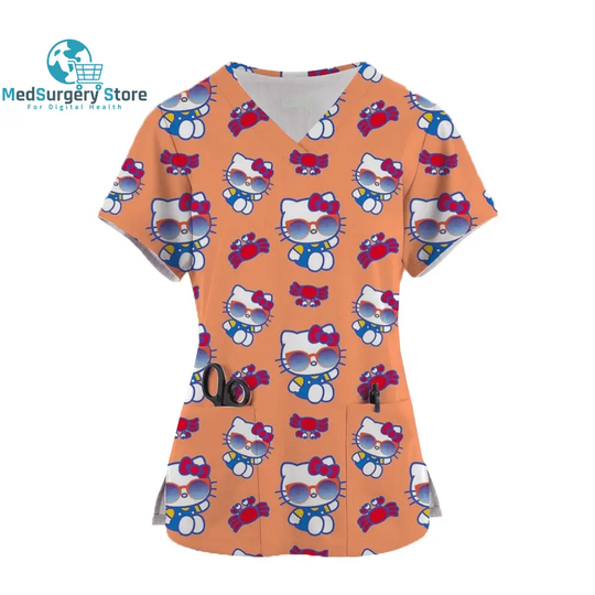 2024 Kawaii Krankenschwester Uniform Scrubs Womens Cartoon Hello Kitty Print Kurzarm Tasche Overall Uniformen medizinische Krankenpflege Bluse