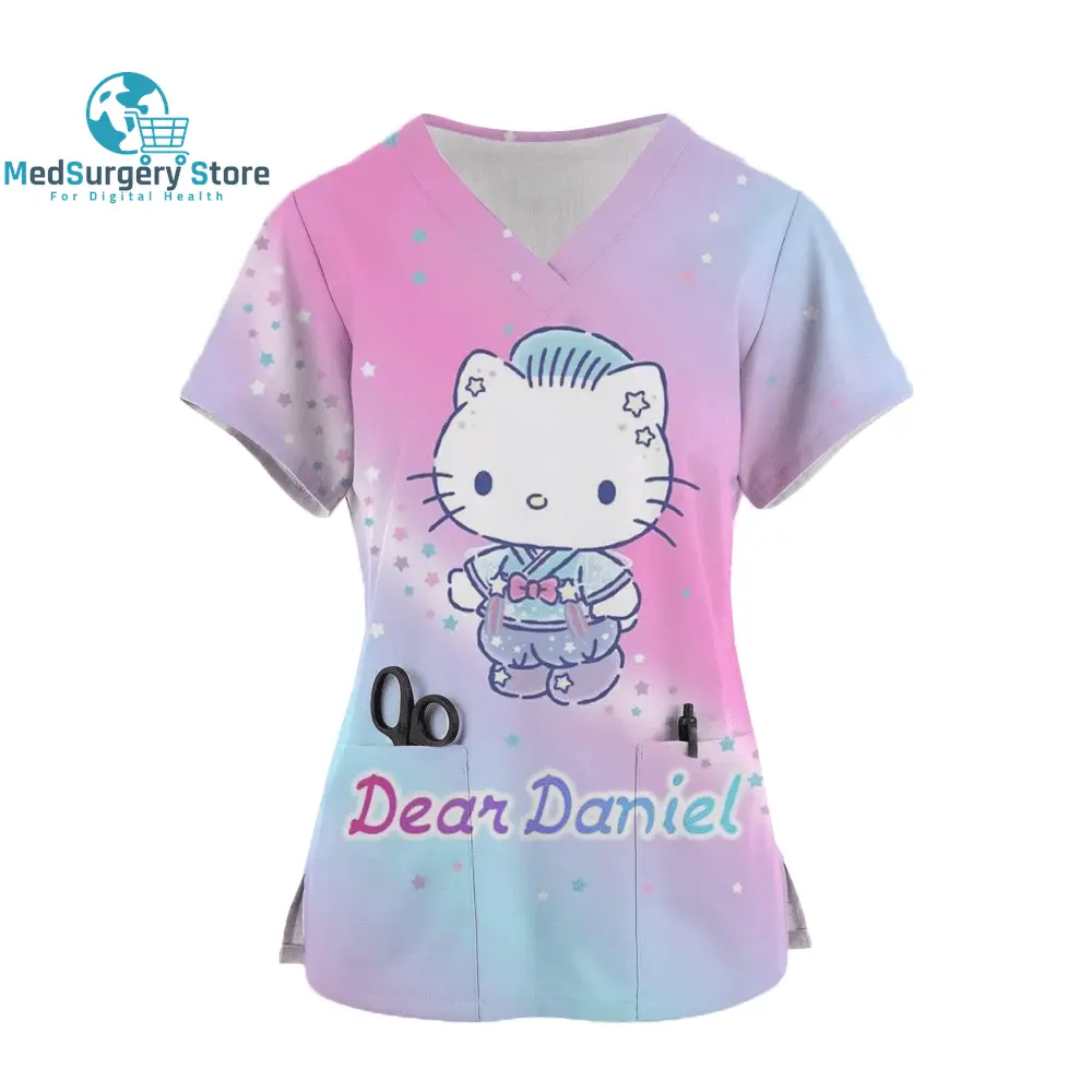 2024 Kawaii Krankenschwester Uniform Scrubs Womens Cartoon Hello Kitty Print Kurzarm Tasche Overall Uniformen medizinische Krankenpflege Bluse