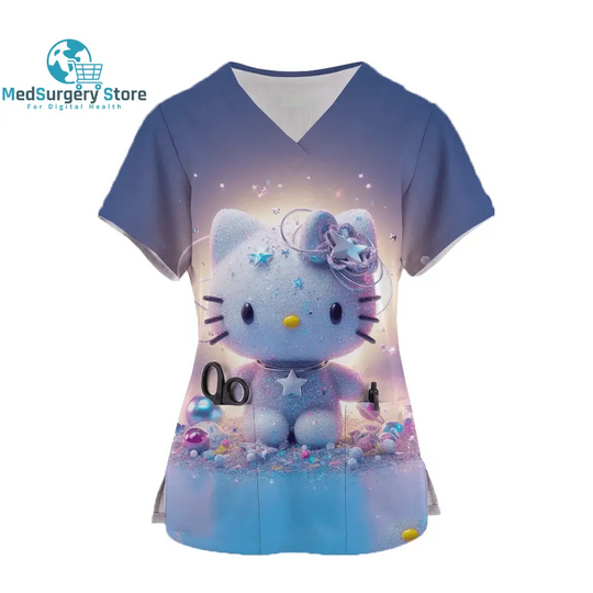 2024 Kawaii Krankenschwester Uniform Scrubs Womens Cartoon Hello Kitty Print Kurzarm Tasche Overall Uniformen medizinische Krankenpflege Bluse