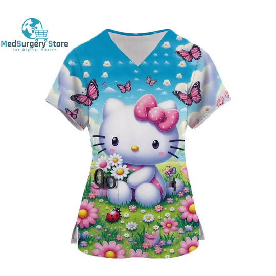 2024 Kawaii Krankenschwester Uniform Scrubs Womens Cartoon Hello Kitty Print Kurzarm Tasche Overall Uniformen medizinische Krankenpflege Bluse