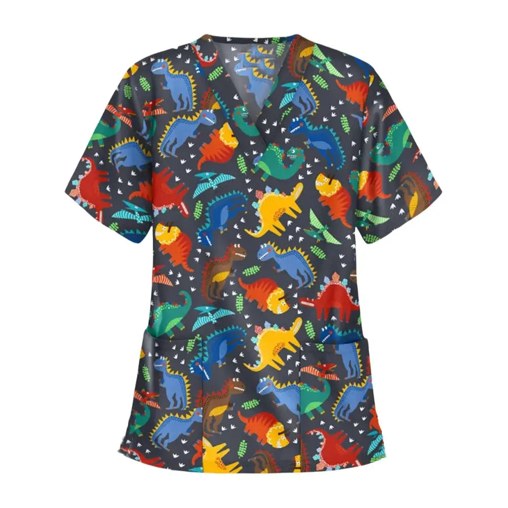 Tier Vignette Druck tierärztliche chirurgische Uniform für Frauen, Mode V-Ausschnitt Tops, kurze Ärmel, Tierarzt CJdropshipping