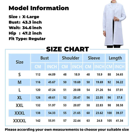 Langärmeliger weißer Unisex-Laborkittel für Männer und Frauen, Bluse im Tunika-Stil mit gekerbtem Reverskragen und Knöpfen für Medizin- und Pflegeuniformen MedSurgery Store For Digital Health