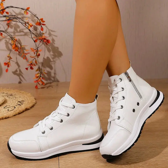 Damen Weiße Hohe Plateau Turnschuhe, Herbst 2025 Leichte Freizeit Turnschuhe, PU Leder Booties mit dicker Sohle für Frauen MedSurgery Store For Digital Health