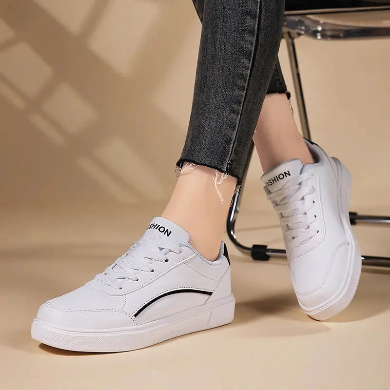 Damen weiße Schuhe, weißer Schiefer Schnürung lässige flache Schuhe, PU-Leder Wanderschuhe, dicke Sohle, Luxus-Mode für Outdoor-Aktivitäten MedSurgery Store For Digital Health