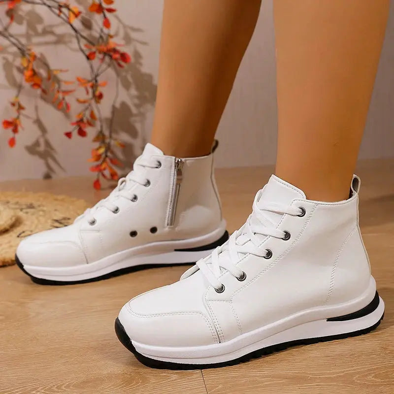 Damen Weiße Hohe Plateau Turnschuhe, Herbst 2025 Leichte Freizeit Turnschuhe, PU Leder Booties mit dicker Sohle für Frauen MedSurgery Store For Digital Health