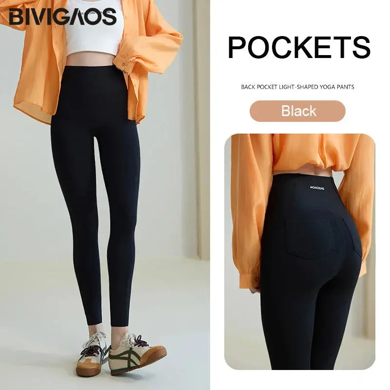 BIVIGAOS 2025 Frühling Sommer Gesäßtasche Haifischhaut Leggings Damen eng weiß Casual Sport Fitness Leggings Leggings Skinny Hosen MedSurgery Store For Digital Health