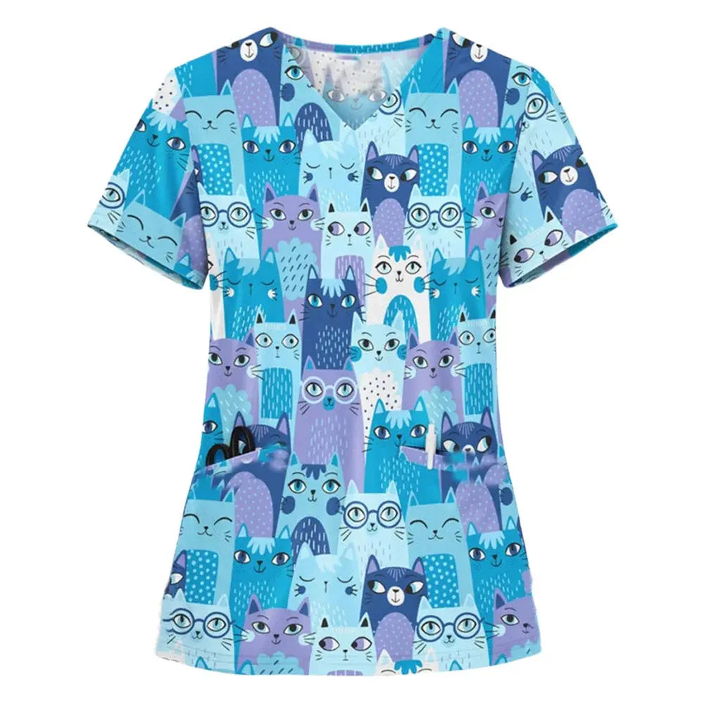 Tier Vignette Druck tierärztliche chirurgische Uniform für Frauen, Mode V-Ausschnitt Tops, kurze Ärmel, Tierarzt CJdropshipping