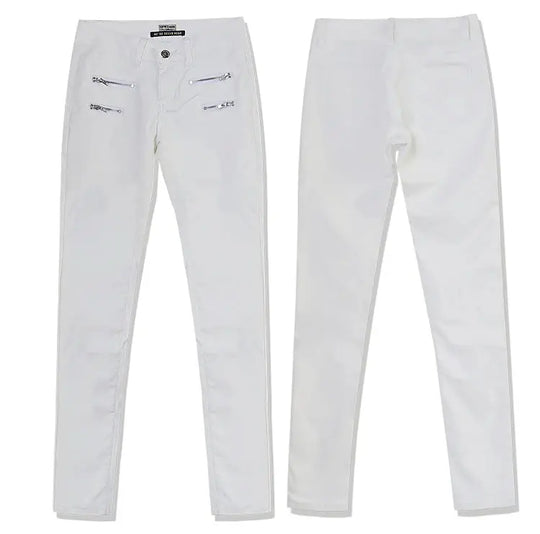 Damenhose mit niedriger Leibhöhe, eng anliegende elastische Hose mit Doppelreißverschluss, weiße Kunstlederhose für Damen MedSurgery Store For Digital Health