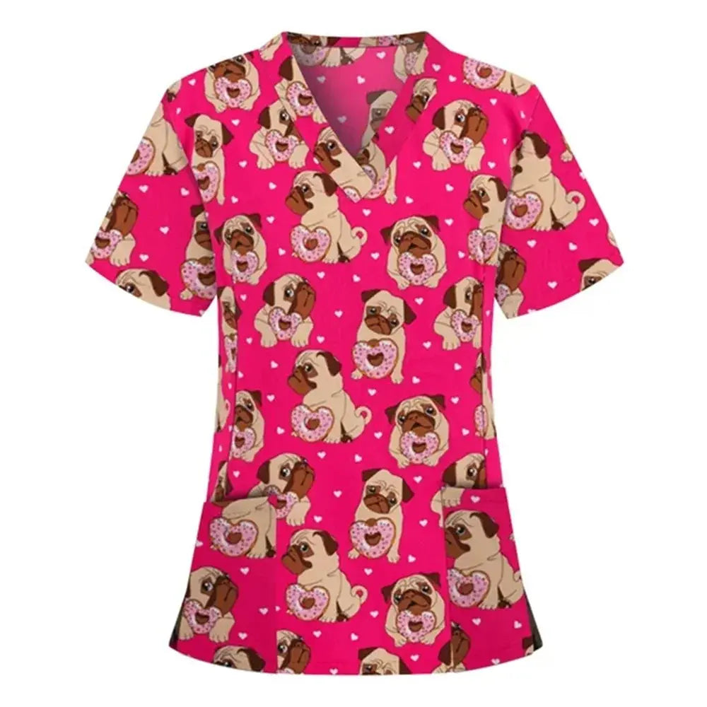 Tier Vignette Druck tierärztliche chirurgische Uniform für Frauen, Mode V-Ausschnitt Tops, kurze Ärmel, Tierarzt CJdropshipping