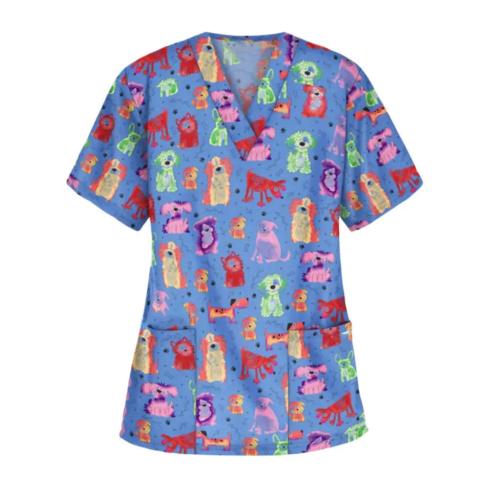 Tier Vignette Druck tierärztliche chirurgische Uniform für Frauen, Mode V-Ausschnitt Tops, kurze Ärmel, Tierarzt CJdropshipping