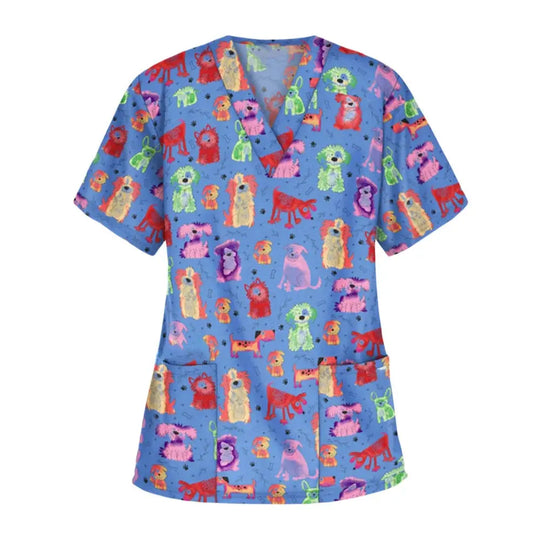 Tier Vignette Druck tierärztliche chirurgische Uniform für Frauen, Mode V-Ausschnitt Tops, kurze Ärmel, Tierarzt CJdropshipping