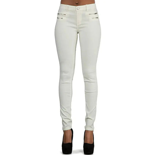Damenhose mit niedriger Leibhöhe, eng anliegende elastische Hose mit Doppelreißverschluss, weiße Kunstlederhose für Damen MedSurgery Store For Digital Health