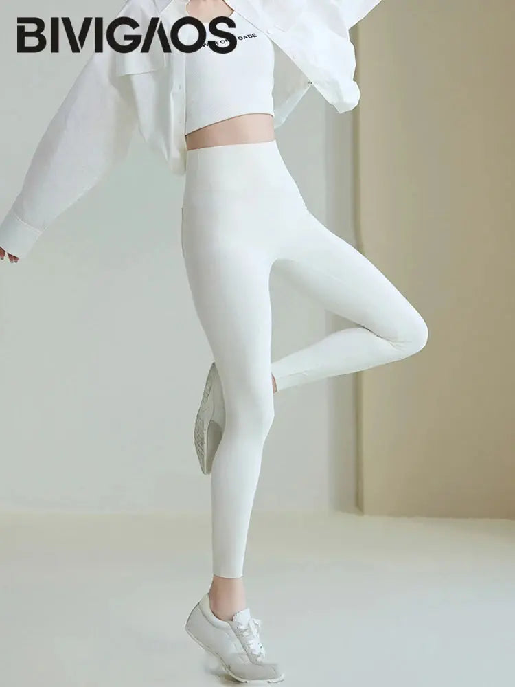 BIVIGAOS 2025 Frühling Sommer Gesäßtasche Haifischhaut Leggings Damen eng weiß Casual Sport Fitness Leggings Leggings Skinny Hosen MedSurgery Store For Digital Health