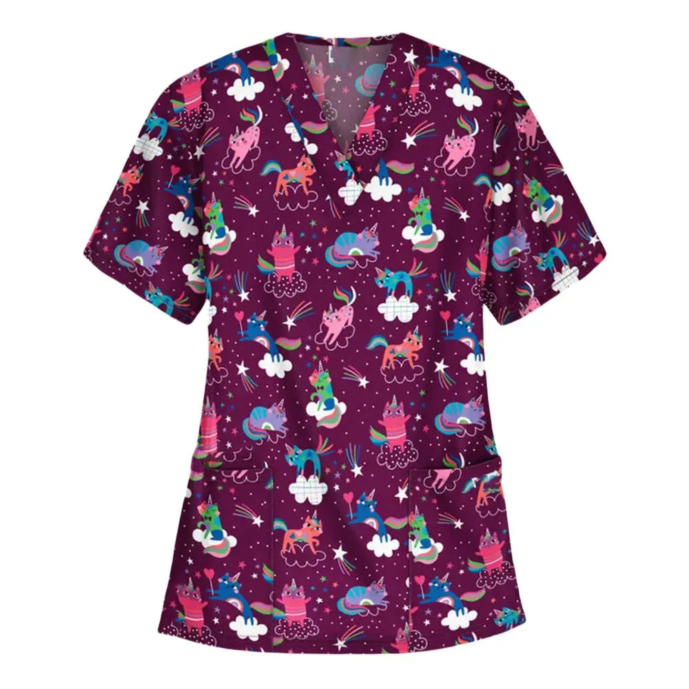Tier Vignette Druck tierärztliche chirurgische Uniform für Frauen, Mode V-Ausschnitt Tops, kurze Ärmel, Tierarzt CJdropshipping