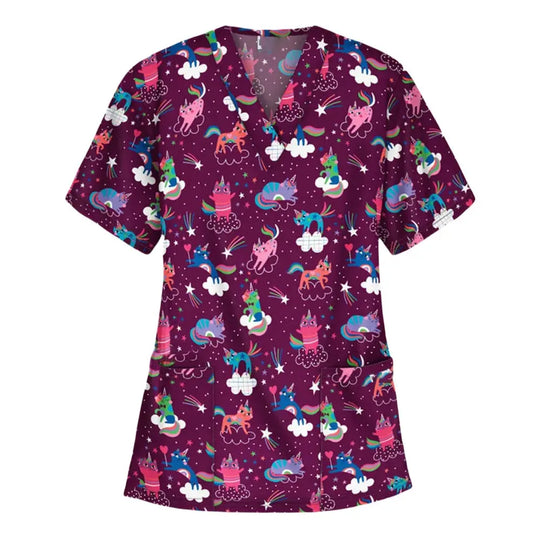Tier Vignette Druck tierärztliche chirurgische Uniform für Frauen, Mode V-Ausschnitt Tops, kurze Ärmel, Tierarzt CJdropshipping