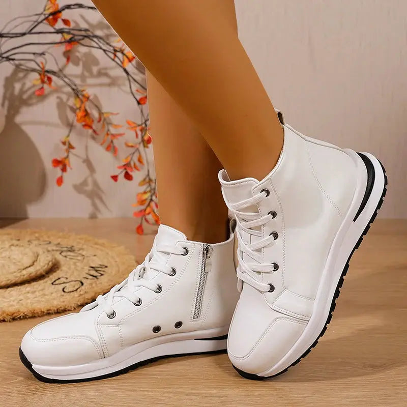 Damen Weiße Hohe Plateau Turnschuhe, Herbst 2025 Leichte Freizeit Turnschuhe, PU Leder Booties mit dicker Sohle für Frauen MedSurgery Store For Digital Health