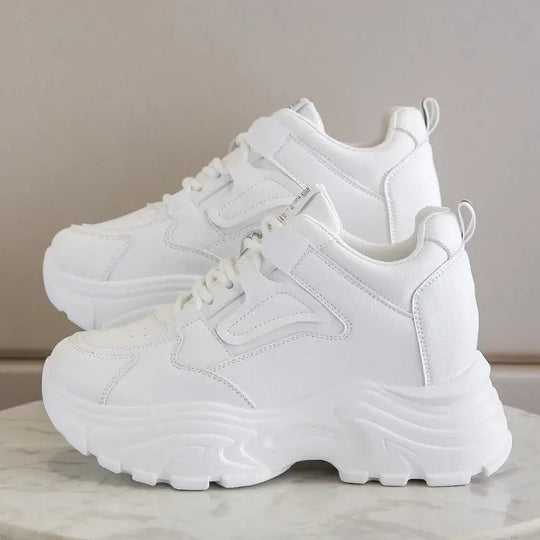 Weiße Plateau-Turnschuhe für Frauen, vulkanisierte Schnürschuhe mit dickem Boden, Pu-Leder, atmungsaktiv, Frühling 2024 MedSurgery Store For Digital Health