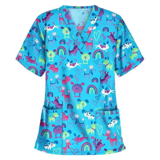 Tier Vignette Druck tierärztliche chirurgische Uniform für Frauen, Mode V-Ausschnitt Tops, kurze Ärmel, Tierarzt CJdropshipping