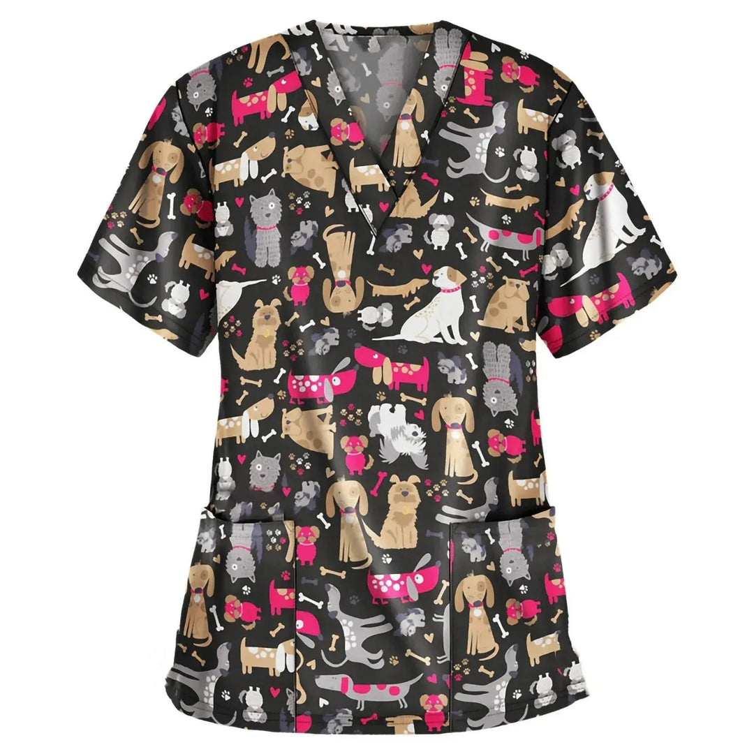 Tier Vignette Druck tierärztliche chirurgische Uniform für Frauen, Mode V-Ausschnitt Tops, kurze Ärmel, Tierarzt CJdropshipping