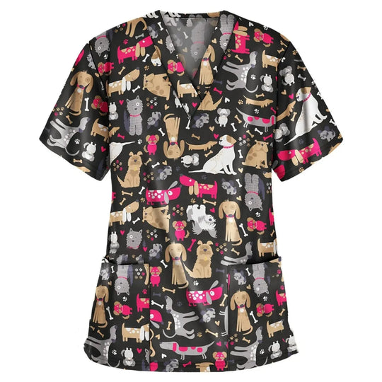 Tier Vignette Druck tierärztliche chirurgische Uniform für Frauen, Mode V-Ausschnitt Tops, kurze Ärmel, Tierarzt CJdropshipping