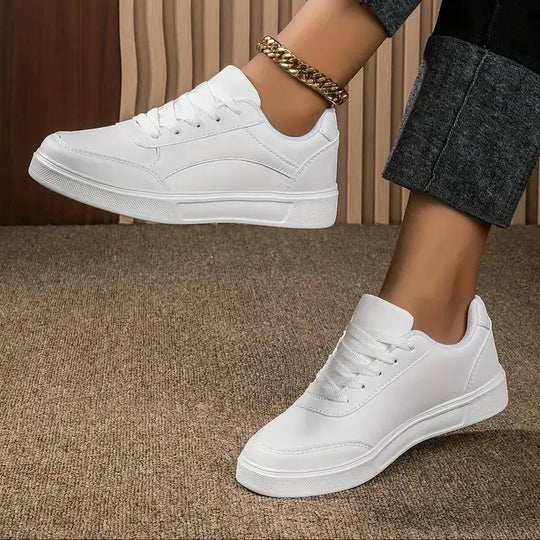 Damen weiße Schuhe, weißer Schiefer Schnürung lässige flache Schuhe, PU-Leder Wanderschuhe, dicke Sohle, Luxus-Mode für Outdoor-Aktivitäten MedSurgery Store For Digital Health