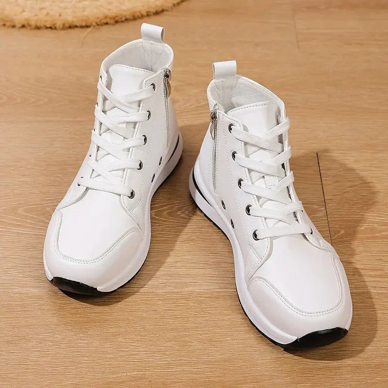 Damen Weiße Hohe Plateau Turnschuhe, Herbst 2025 Leichte Freizeit Turnschuhe, PU Leder Booties mit dicker Sohle für Frauen MedSurgery Store For Digital Health