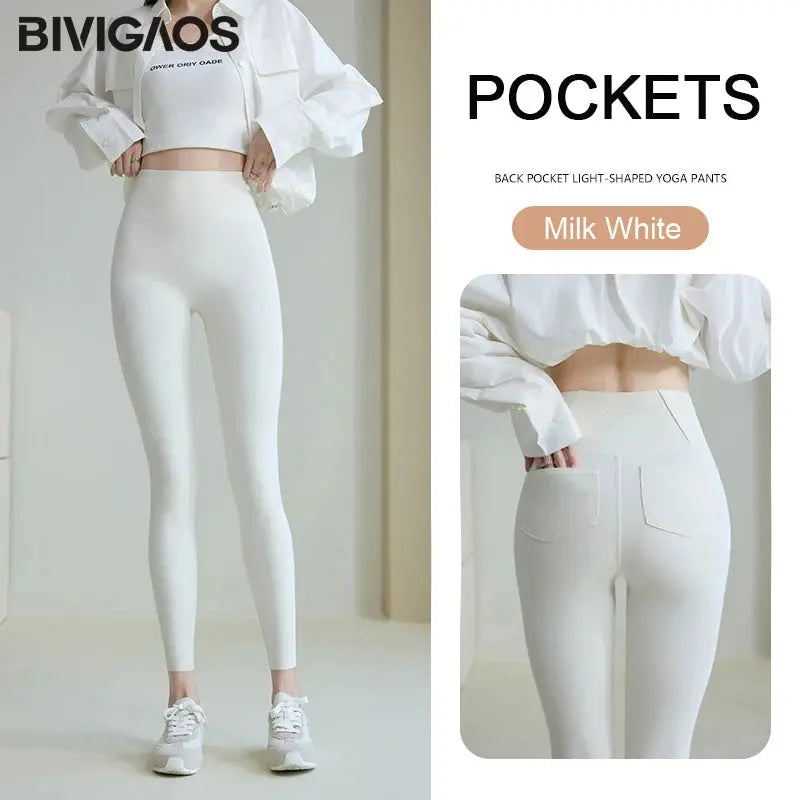 BIVIGAOS 2025 Frühling Sommer Gesäßtasche Haifischhaut Leggings Damen eng weiß Casual Sport Fitness Leggings Leggings Skinny Hosen MedSurgery Store For Digital Health