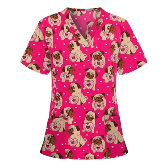 Tier Vignette Druck tierärztliche chirurgische Uniform für Frauen, Mode V-Ausschnitt Tops, kurze Ärmel, Tierarzt CJdropshipping