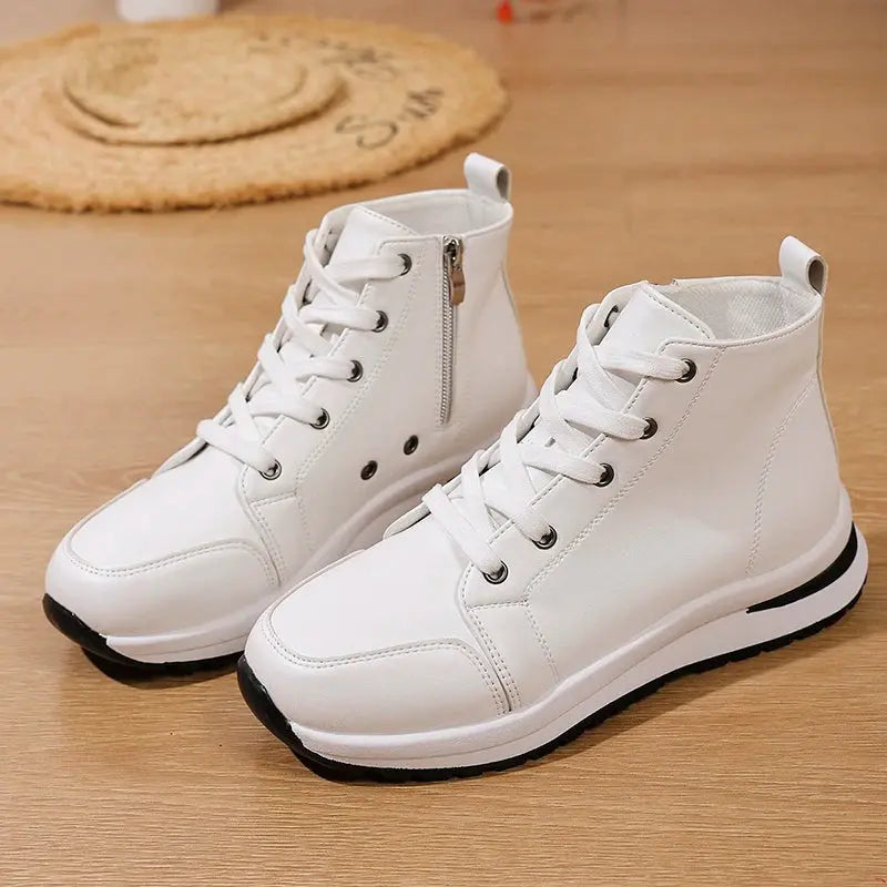 Damen Weiße Hohe Plateau Turnschuhe, Herbst 2025 Leichte Freizeit Turnschuhe, PU Leder Booties mit dicker Sohle für Frauen MedSurgery Store For Digital Health