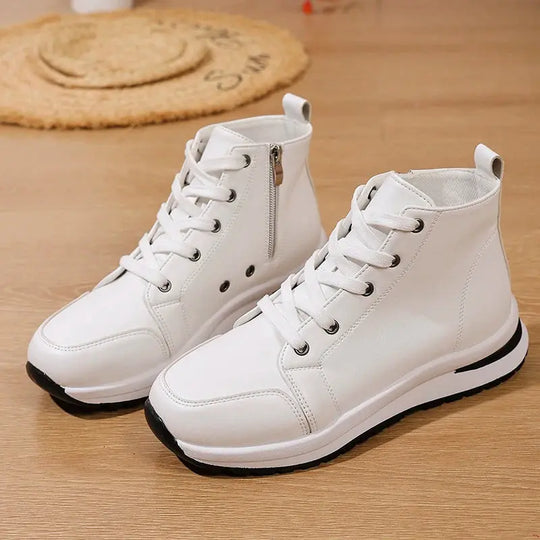 Damen Weiße Hohe Plateau Turnschuhe, Herbst 2025 Leichte Freizeit Turnschuhe, PU Leder Booties mit dicker Sohle für Frauen MedSurgery Store For Digital Health