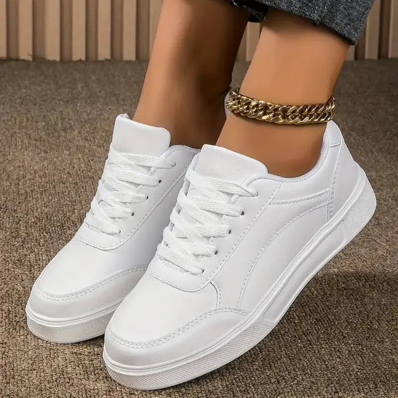 Damen weiße Schuhe, weißer Schiefer Schnürung lässige flache Schuhe, PU-Leder Wanderschuhe, dicke Sohle, Luxus-Mode für Outdoor-Aktivitäten MedSurgery Store For Digital Health