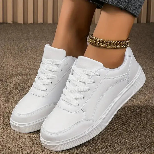 Damen weiße Schuhe, weißer Schiefer Schnürung lässige flache Schuhe, PU-Leder Wanderschuhe, dicke Sohle, Luxus-Mode für Outdoor-Aktivitäten MedSurgery Store For Digital Health