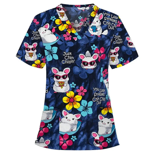 Tier Vignette Druck tierärztliche chirurgische Uniform für Frauen, Mode V-Ausschnitt Tops, kurze Ärmel, Tierarzt CJdropshipping