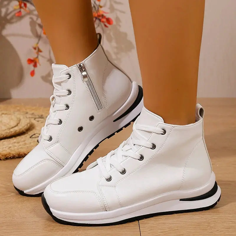 Damen Weiße Hohe Plateau Turnschuhe, Herbst 2025 Leichte Freizeit Turnschuhe, PU Leder Booties mit dicker Sohle für Frauen MedSurgery Store For Digital Health