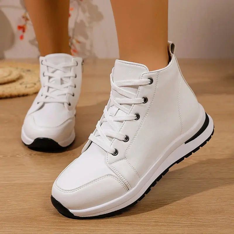 Damen Weiße Hohe Plateau Turnschuhe, Herbst 2025 Leichte Freizeit Turnschuhe, PU Leder Booties mit dicker Sohle für Frauen MedSurgery Store For Digital Health