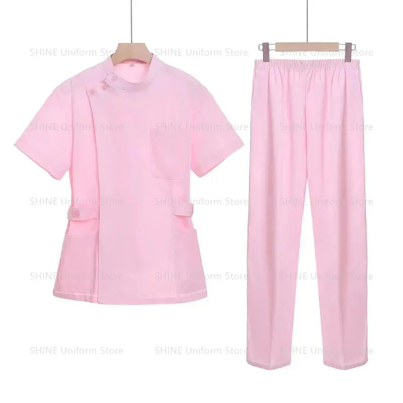 Rosa kurzes OP-Set, medizinische Uniform für Krankenschwester und Arzt, Damenbekleidung, zweiteiliger Krankenpflegeanzug, Schönheitssalon Krankenhauskleid mit Logo MedSurgery Store For Digital Health