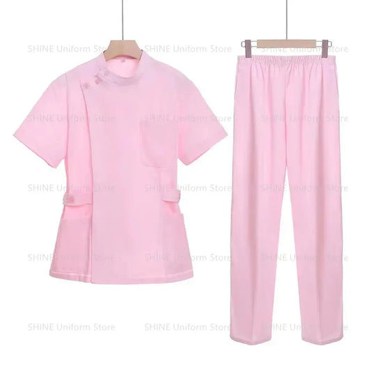 Rosa kurzes OP-Set, medizinische Uniform für Krankenschwester und Arzt, Damenbekleidung, zweiteiliger Krankenpflegeanzug, Schönheitssalon Krankenhauskleid mit Logo MedSurgery Store For Digital Health