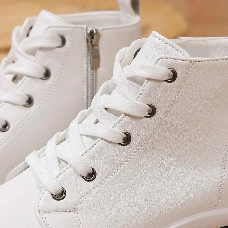 Damen Weiße Hohe Plateau Turnschuhe, Herbst 2025 Leichte Freizeit Turnschuhe, PU Leder Booties mit dicker Sohle für Frauen MedSurgery Store For Digital Health