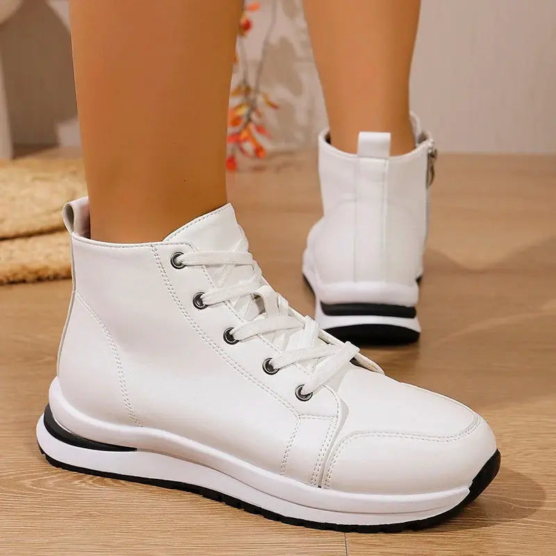 Damen Weiße Hohe Plateau Turnschuhe, Herbst 2025 Leichte Freizeit Turnschuhe, PU Leder Booties mit dicker Sohle für Frauen MedSurgery Store For Digital Health