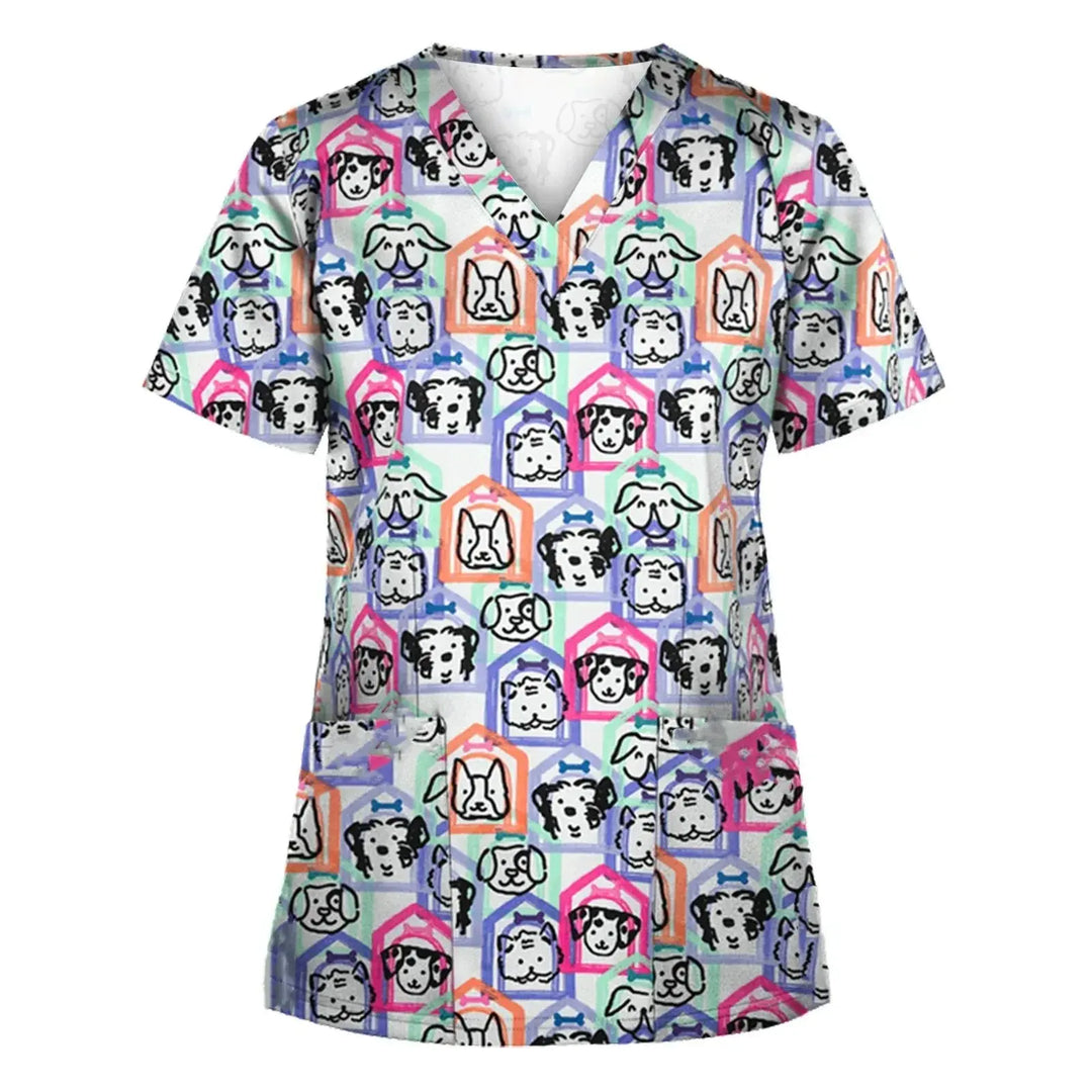Tier Vignette Druck tierärztliche chirurgische Uniform für Frauen, Mode V-Ausschnitt Tops, kurze Ärmel, Tierarzt CJdropshipping